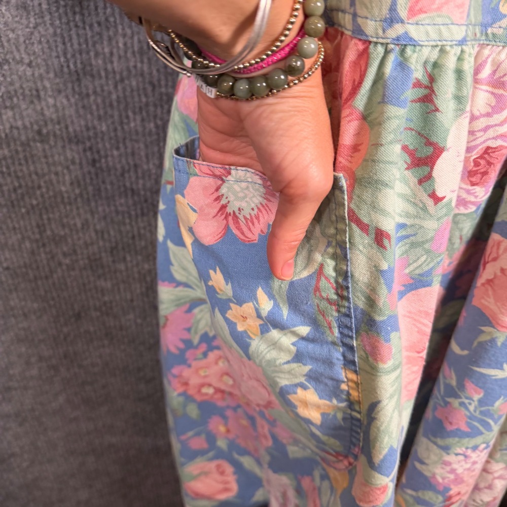 Vintage 80s Cherokee Drop Waist Chore Pocket Floral Midi Dress 7/8 Cottage Retro - Picture 7 of 12